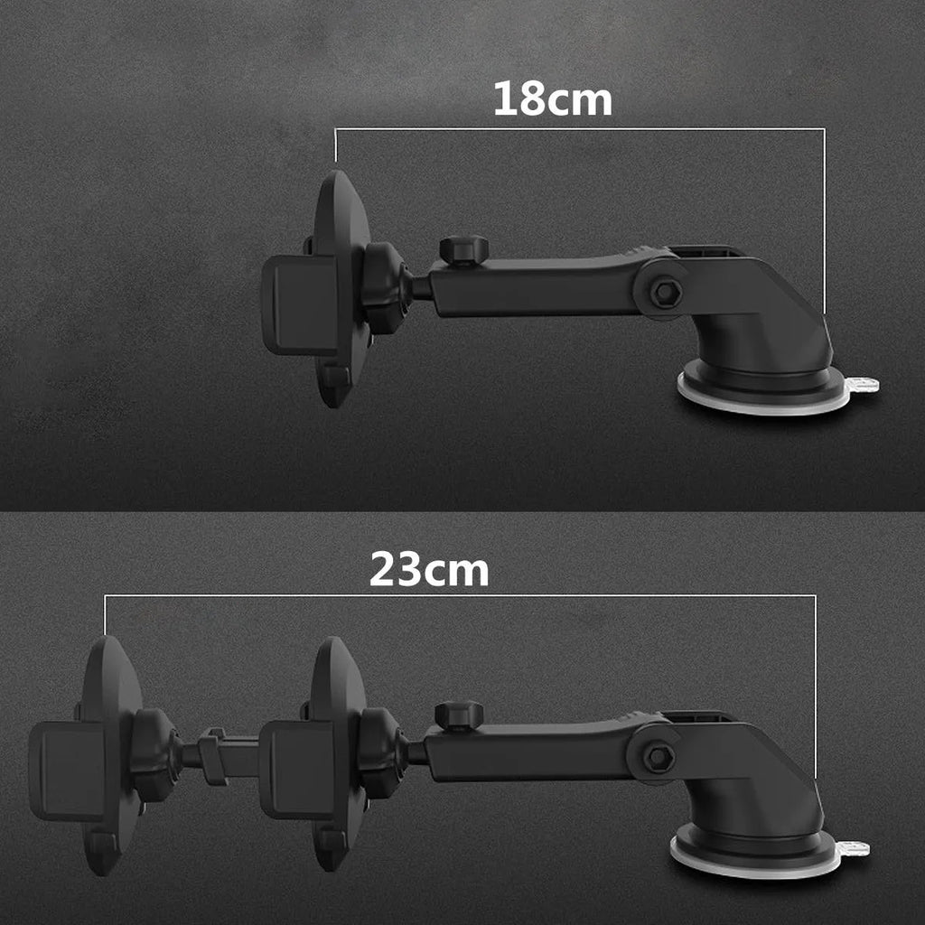 Black telescopic car phone holder with suction cup mount extended on a car dashboard.