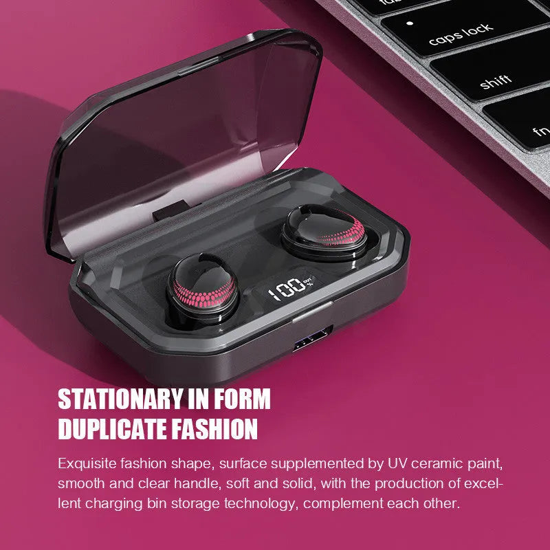 Black X10 Bluetooth wireless headset and charging case on a solid colour background.