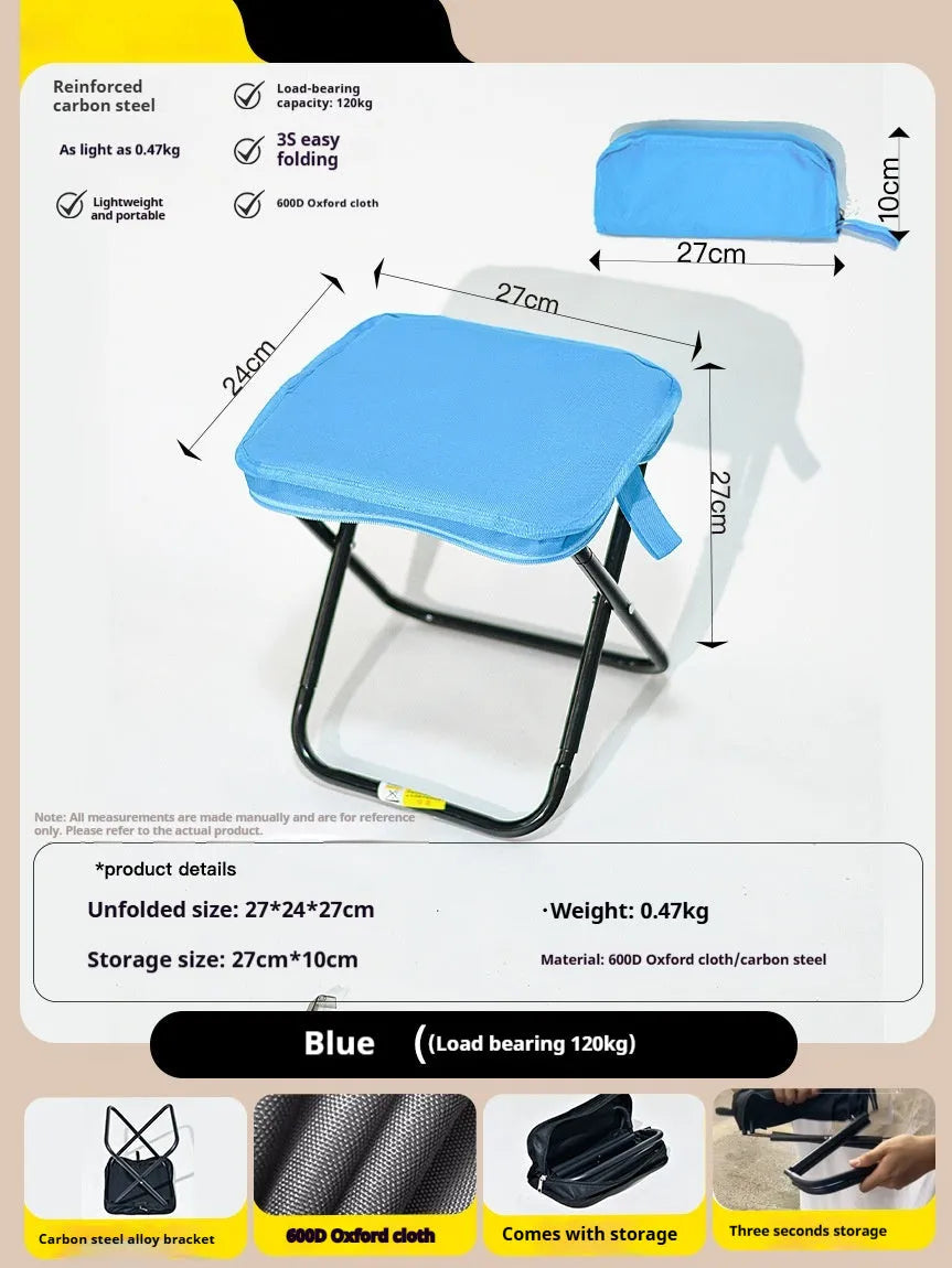 Lightweight foldable camping stool in Oxford cloth shown in a khaki colour, folded to a slim profile.