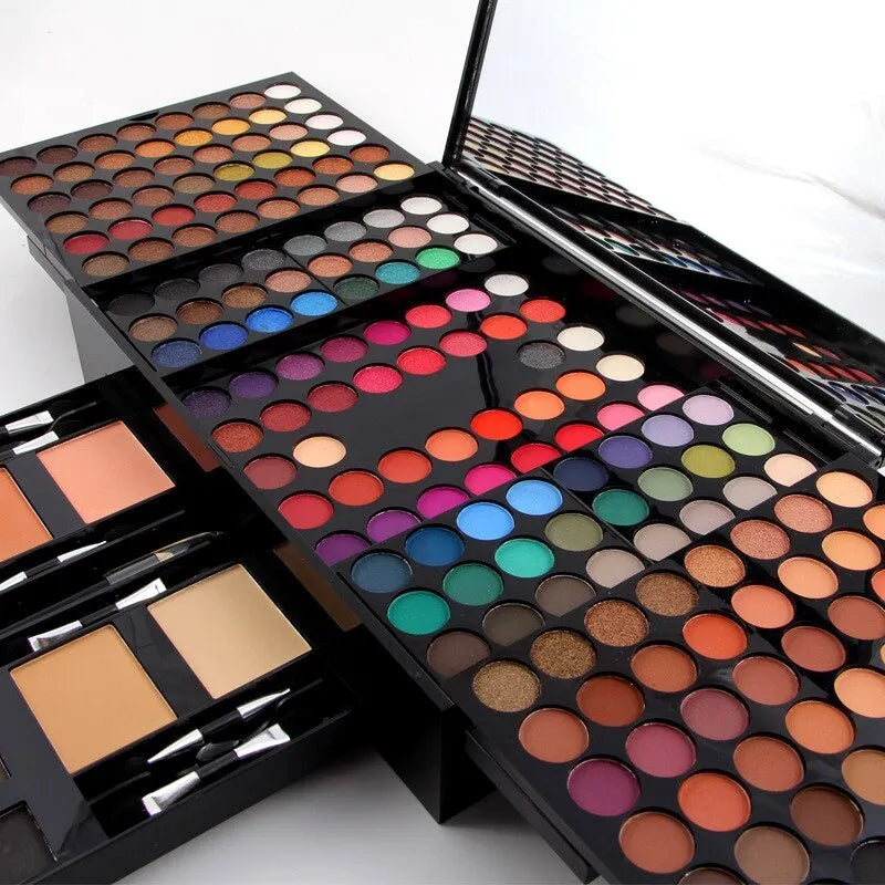 Piano-shaped makeup palette open to show 190 eyeshadow, blush, powder and contour pans