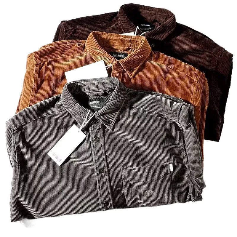 A caramel coloured corduroy loose shirt with long sleeves, shown in a cardigan style.