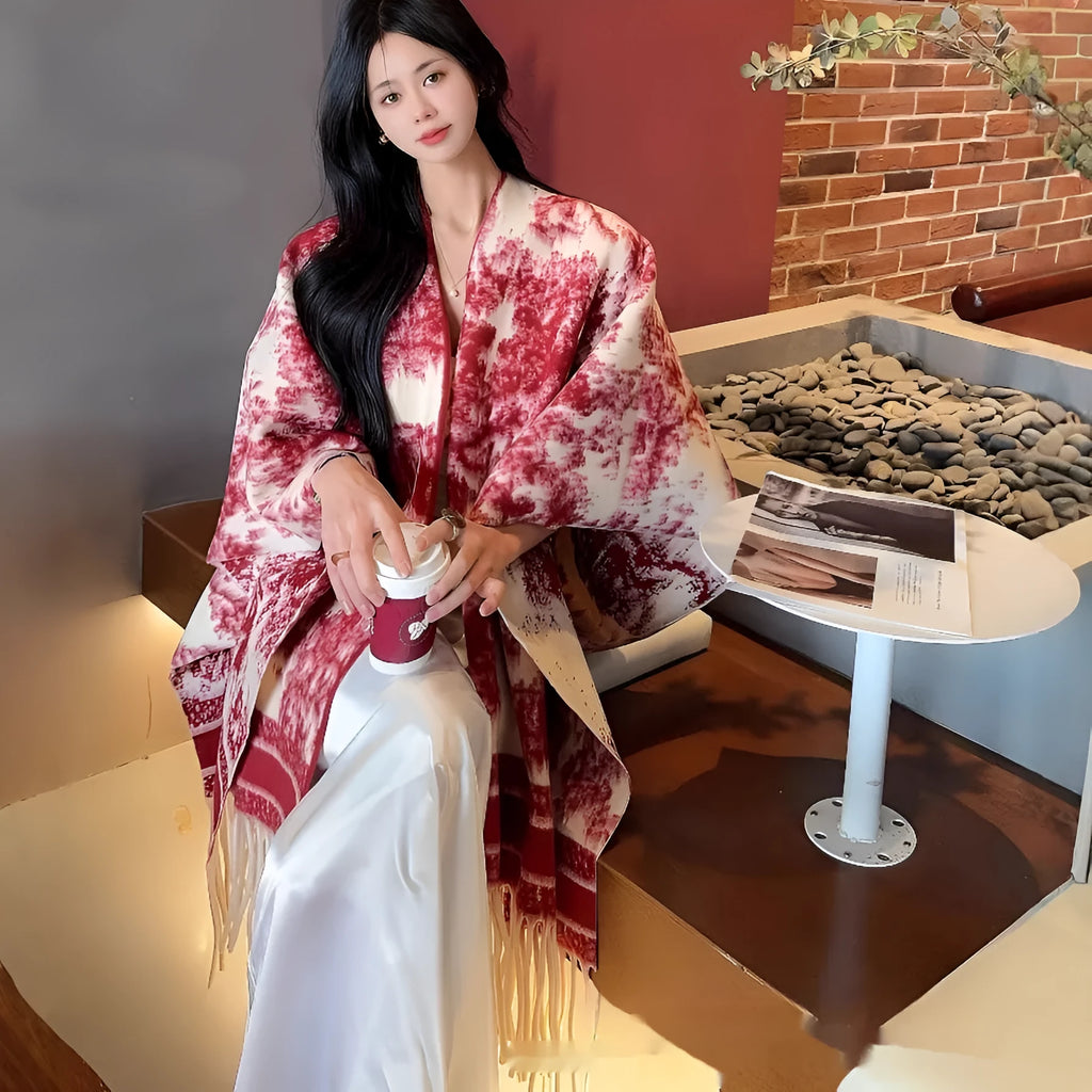 Women's casual polyester tassel scarf cape in a free size shawl style.