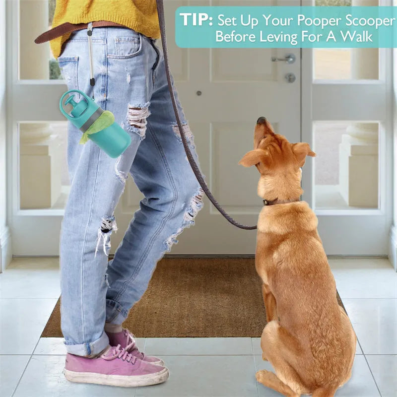 Blue plastic dog pooper scooper with eight-claw shovel and built-in bag dispenser