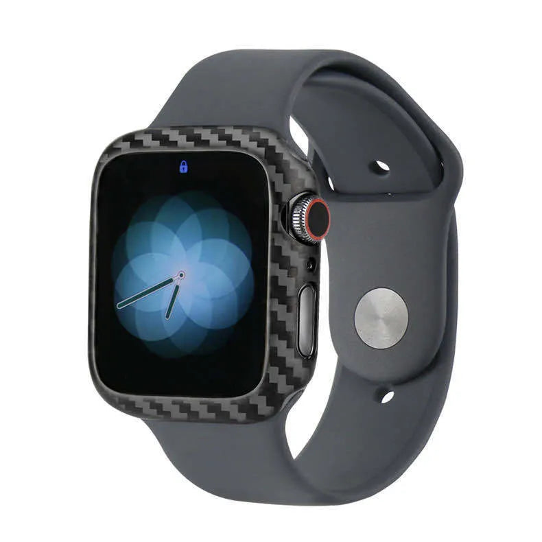 Apple Watch 4 carbon fibre leather case in 44mm size showing bright black finish