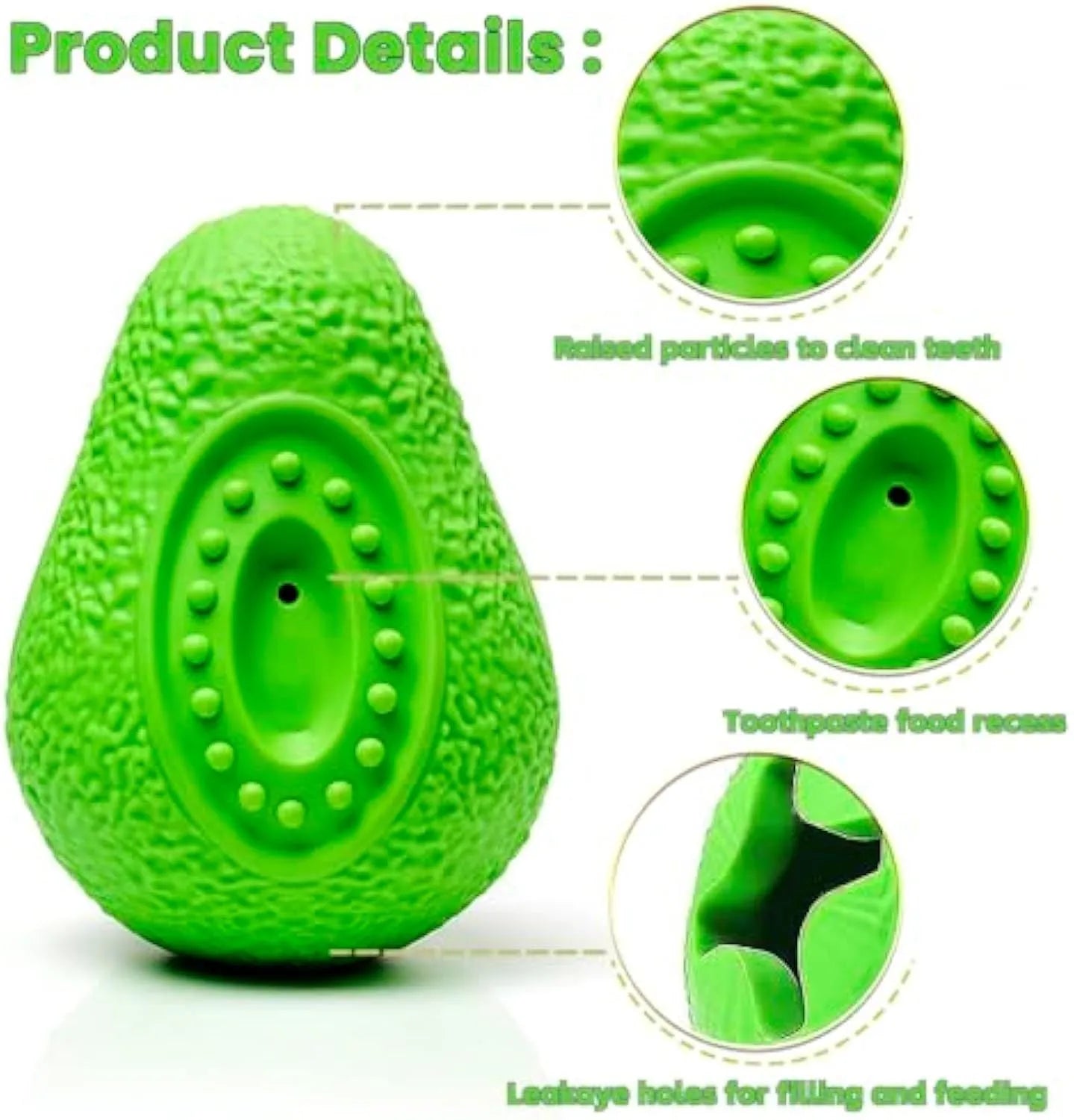 Green natural rubber dog chew toy shaped like an avocado, textured surface, for aggressive chewers.