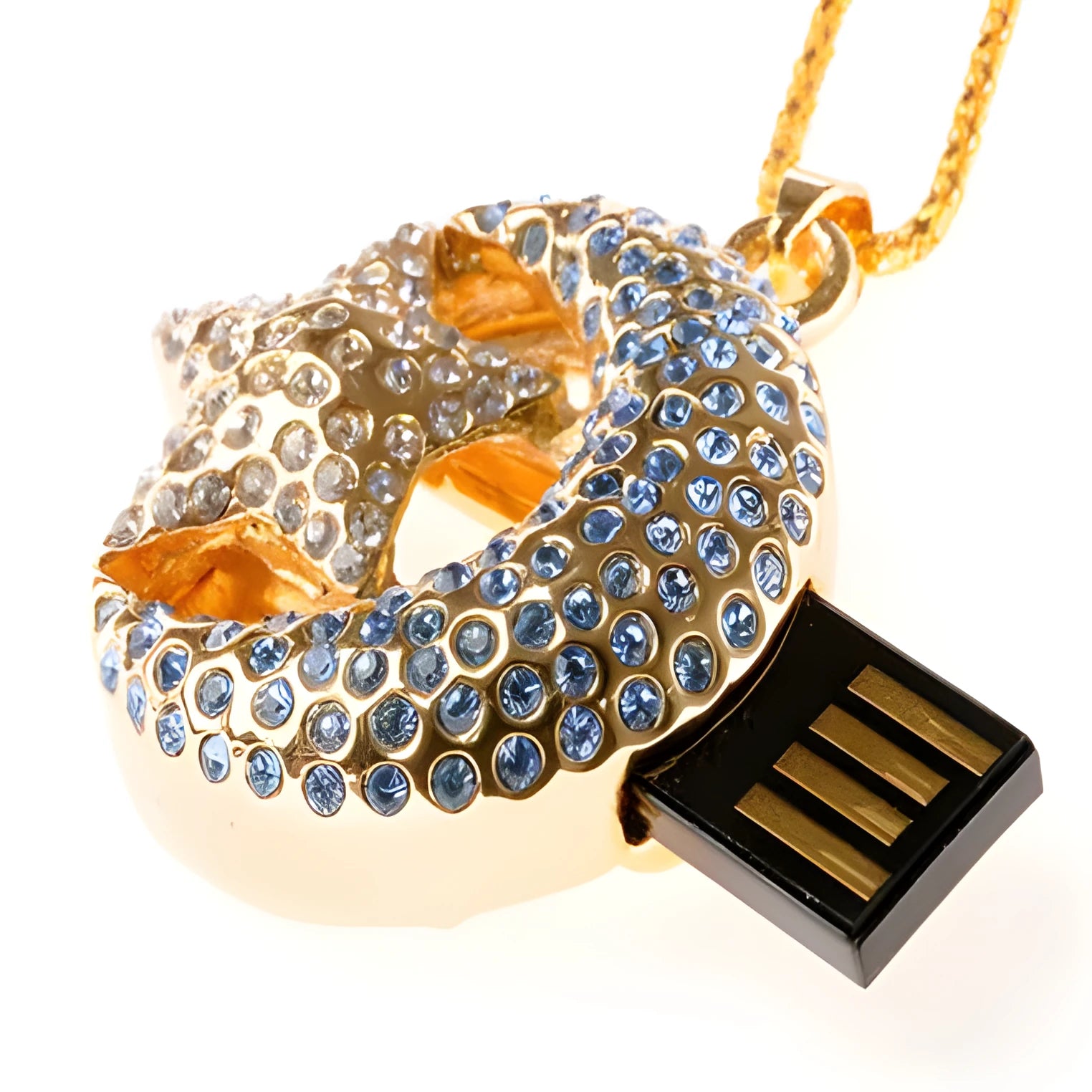 Creative metal jewellery-shaped USB flash drive on a keyring against a plain background.