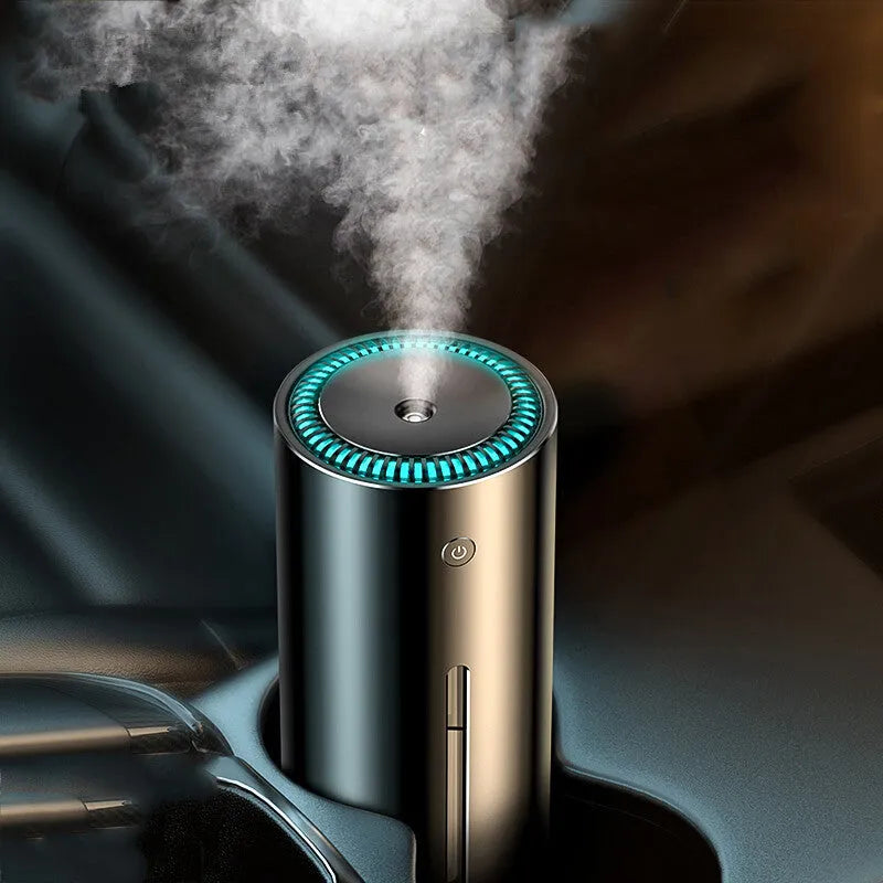 Black aluminium alloy car diffuser humidifier and air purifier unit with USB cable.