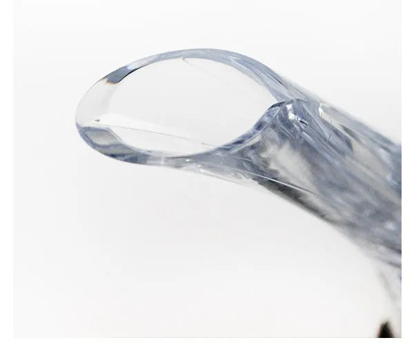 Compact clear acrylic wine aerator with a stainless steel filter inside, measuring 16cm.