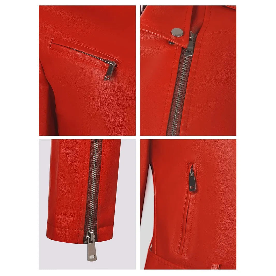 Women's black PU leather lapel jacket with an adjustable short belt.