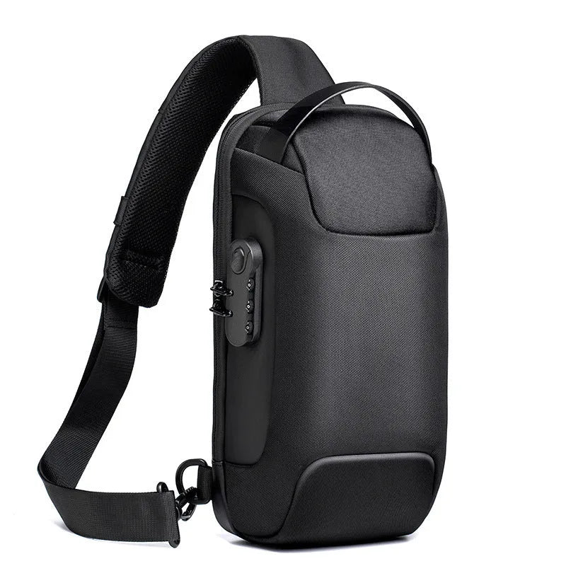 Men's anti-theft chest bag in Oxford cloth with combination lock and USB charging port, medium size, black colour
