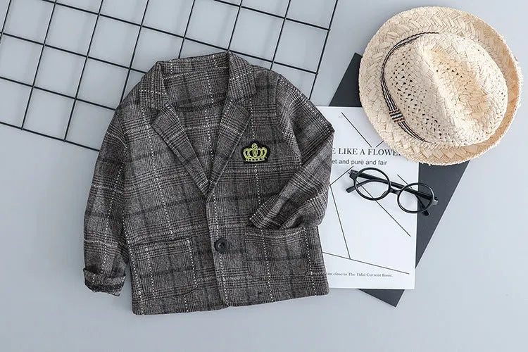 Boys' grey three-piece suit set with jacket, trousers, and waistcoat for formal occasions