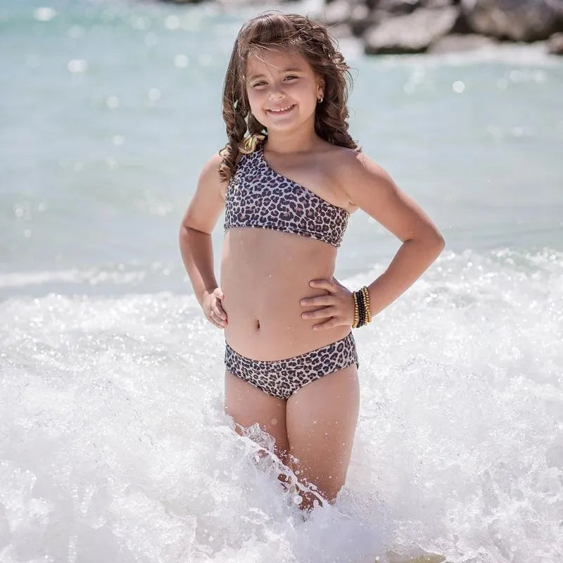Kids baby girls leopard print one shoulder cotton blend swimsuit for summer beach pool