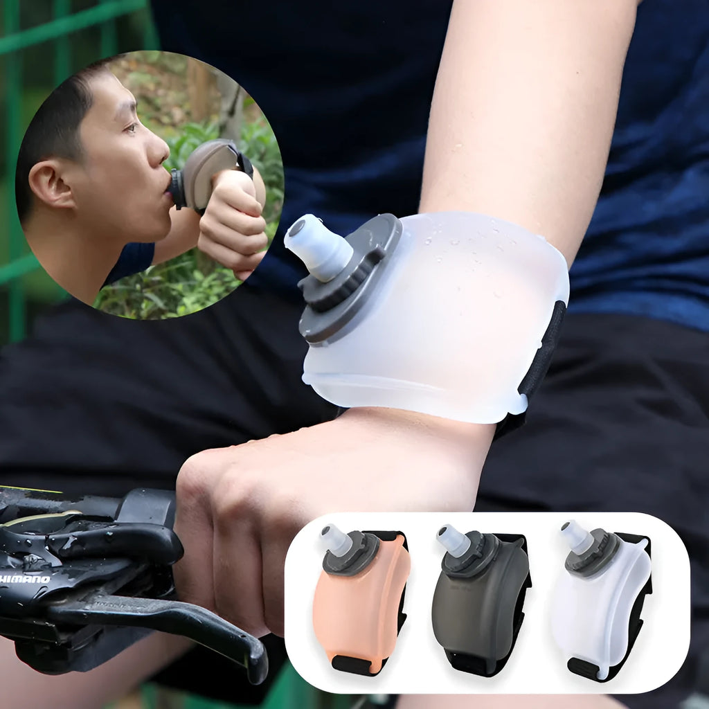 Orange silicone wrist water bottle with black Velcro strap, shown on a wrist, 200ml capacity.