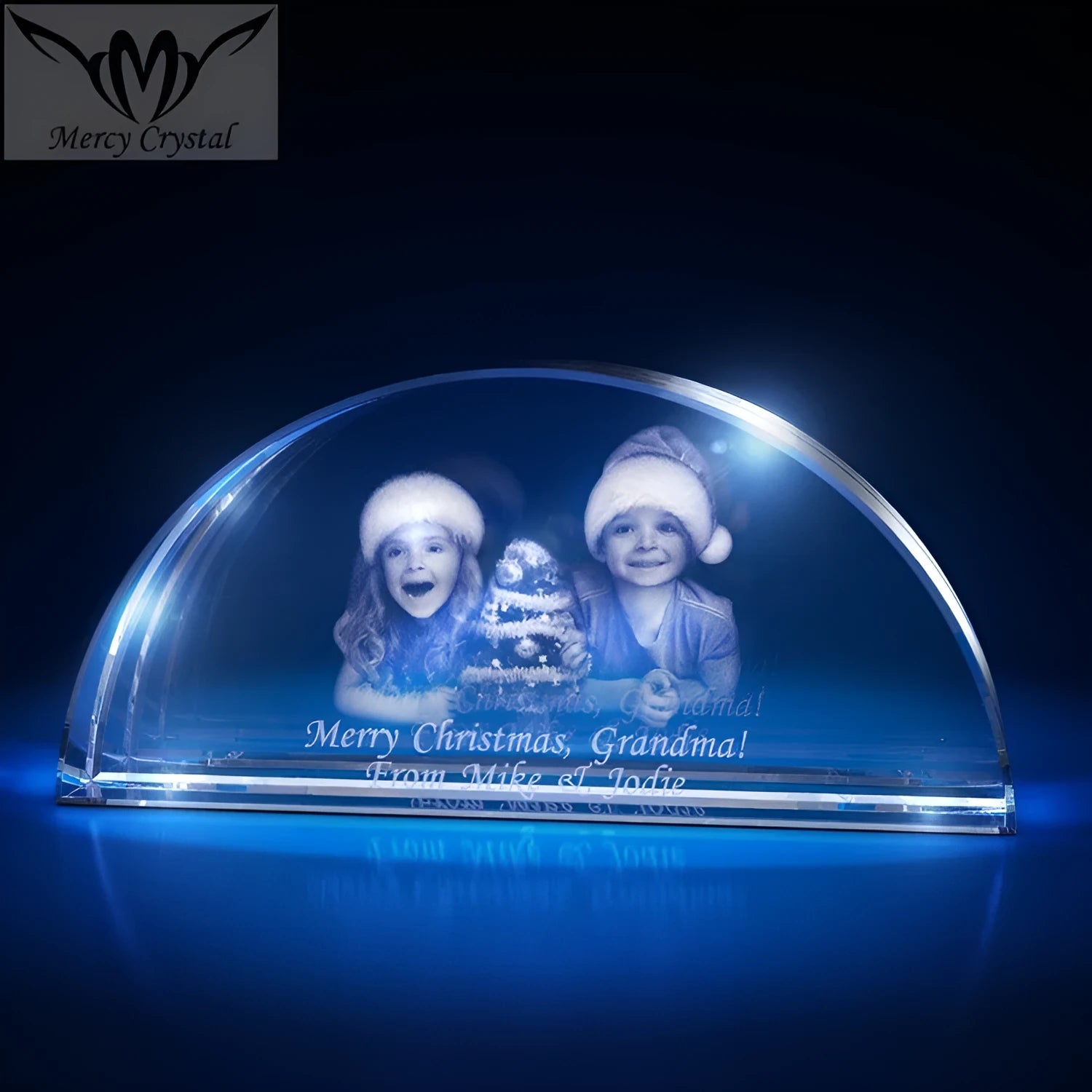 Custom laser engraved crystal sphere with personalised photo inside, available in multiple sizes and styles