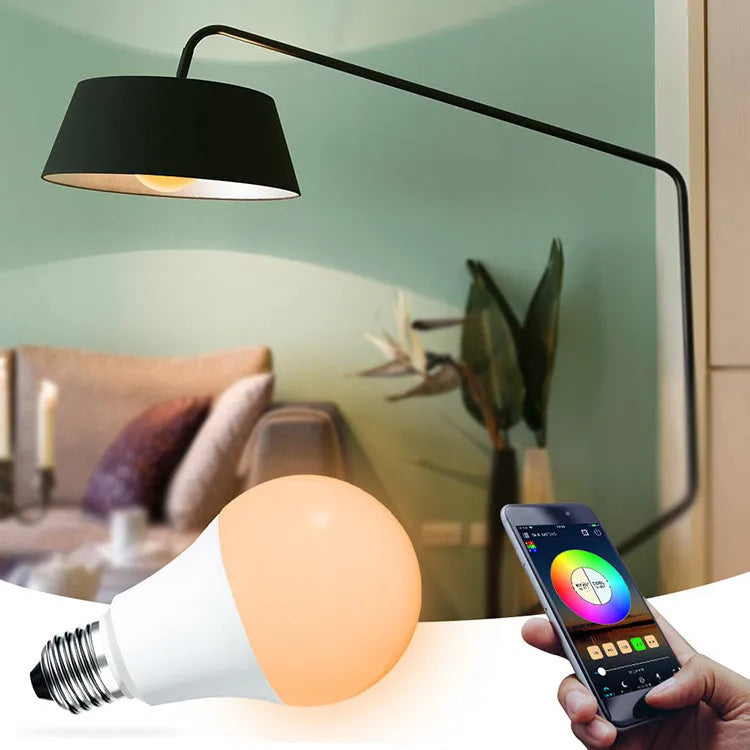 Smart WiFi LED light bulb with Alexa and Google voice control, showing colour temperature and RGB adjustment capabilities