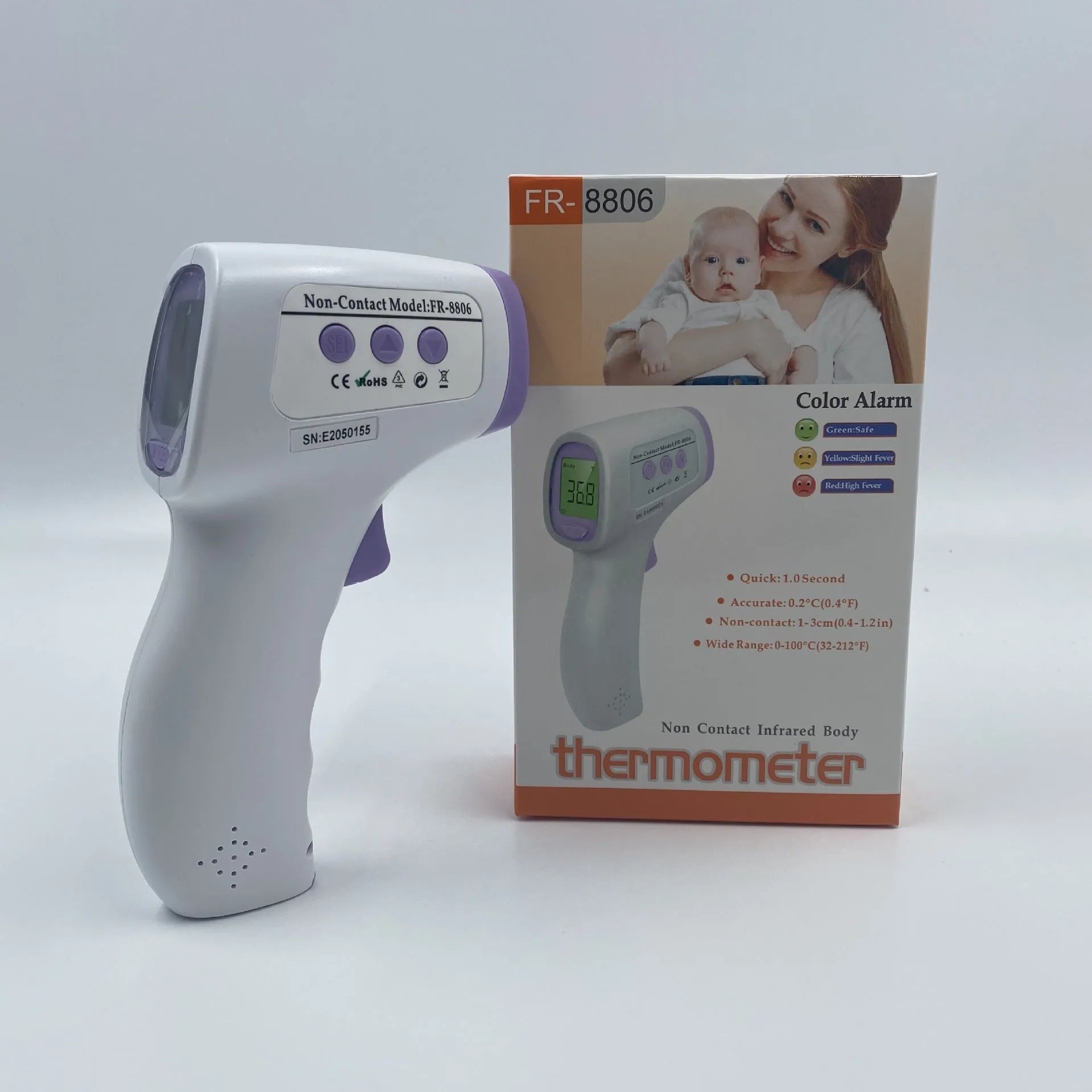 White digital thermometer with non-contact infrared temperature measurement and one-button operation