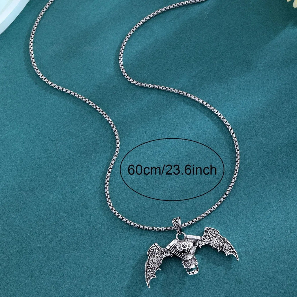 Gothic dark skull necklace with aluminium alloy skeleton wing pendant on dark background