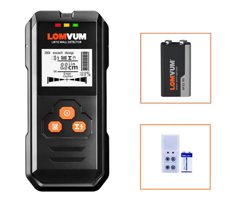 Handheld multifunctional wall detector tool for finding metal, wires, and wood behind walls.