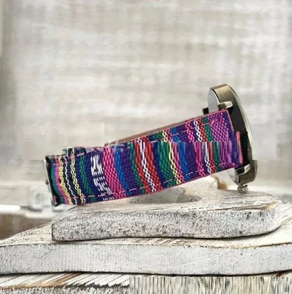 Ladies watch with rainbow pattern multicolor dial and antique bronze metal case on woven PU leather strap