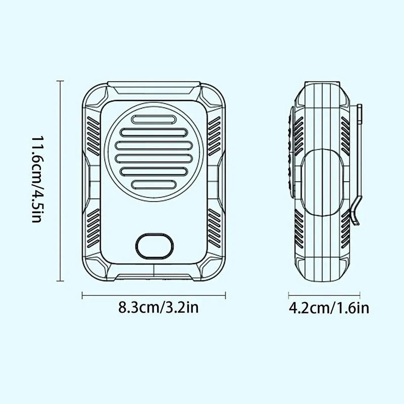 Green leafless waist hanging fan with USB charging port and neck strap