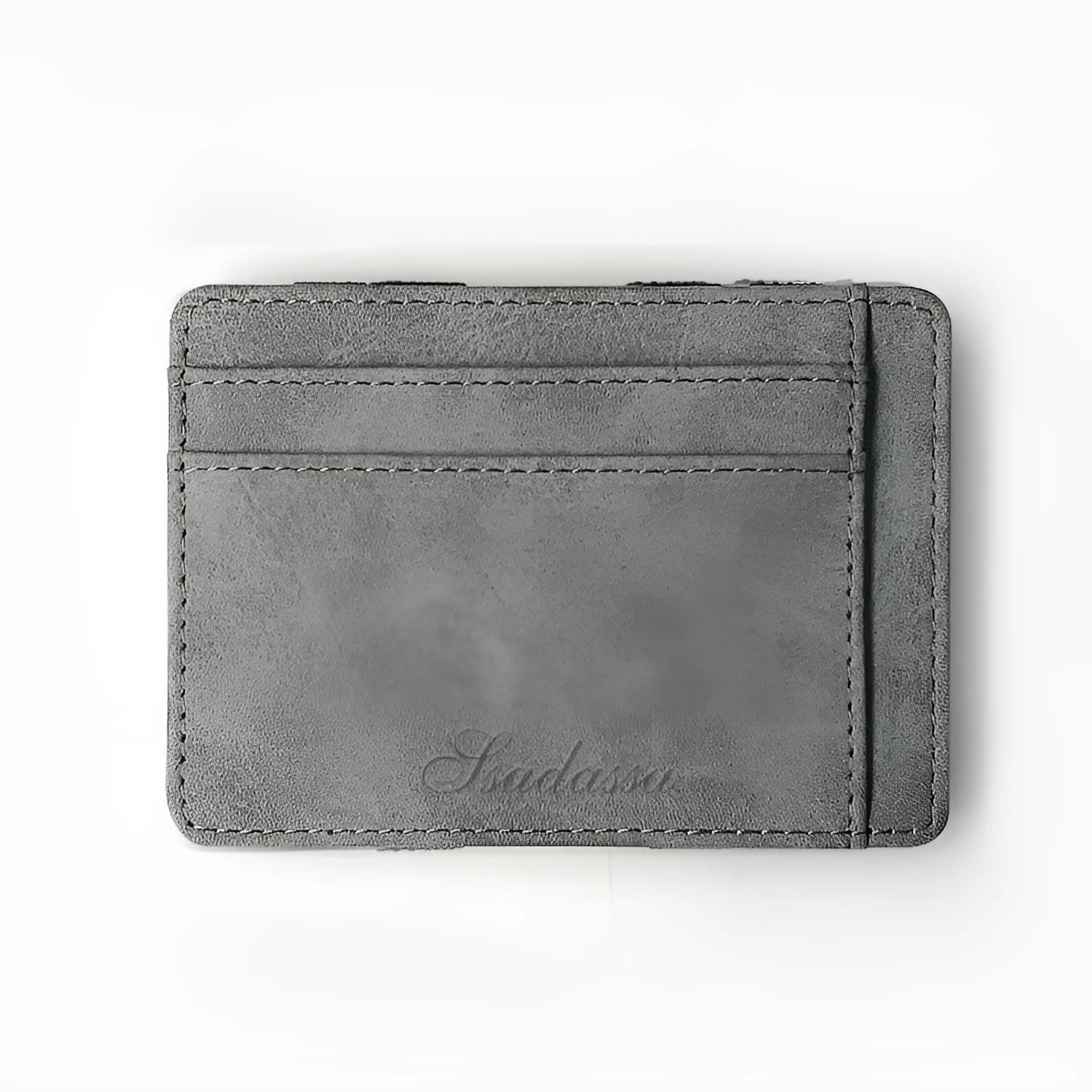 Korean style matte leather magic wallet in horizontal square shape, showing coin pocket and sewing line details.