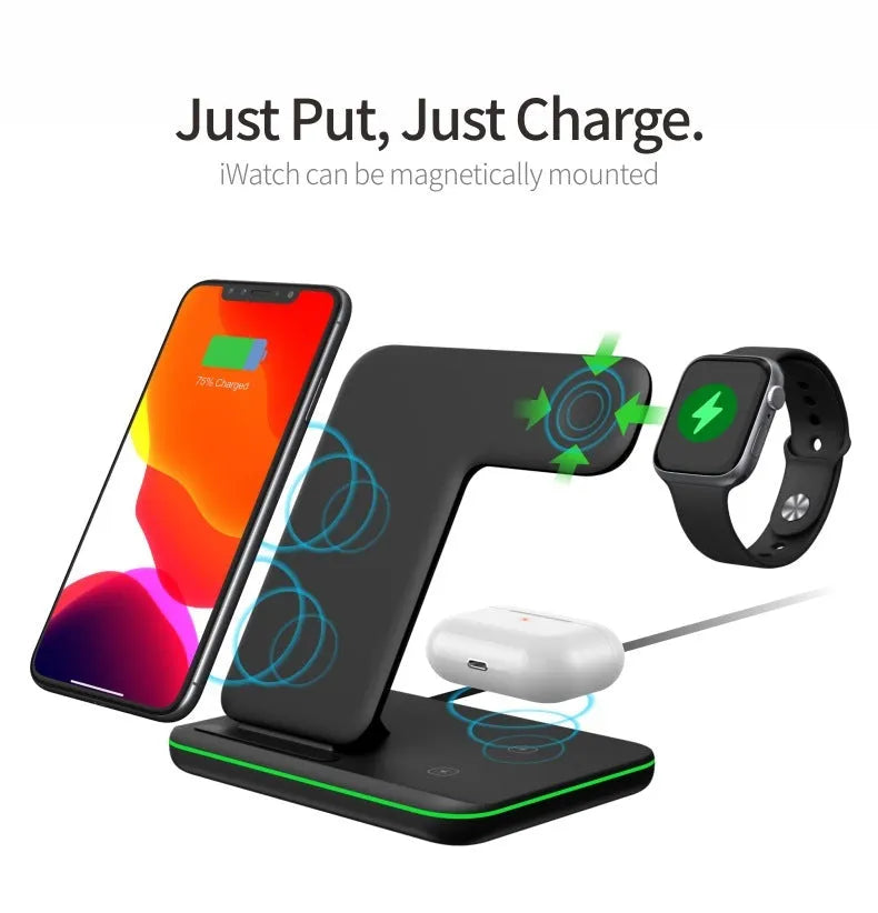 White three-in-one wireless charging stand for phone, watch, and headset on a desk.