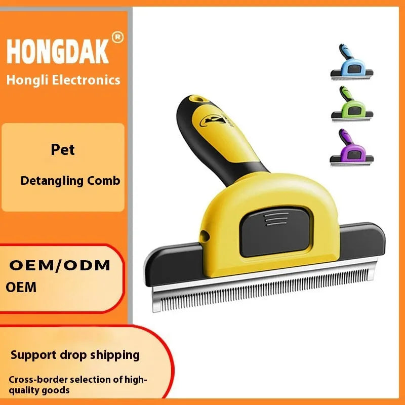Blue or yellow dog grooming comb with stainless steel untangling blades and plastic handle