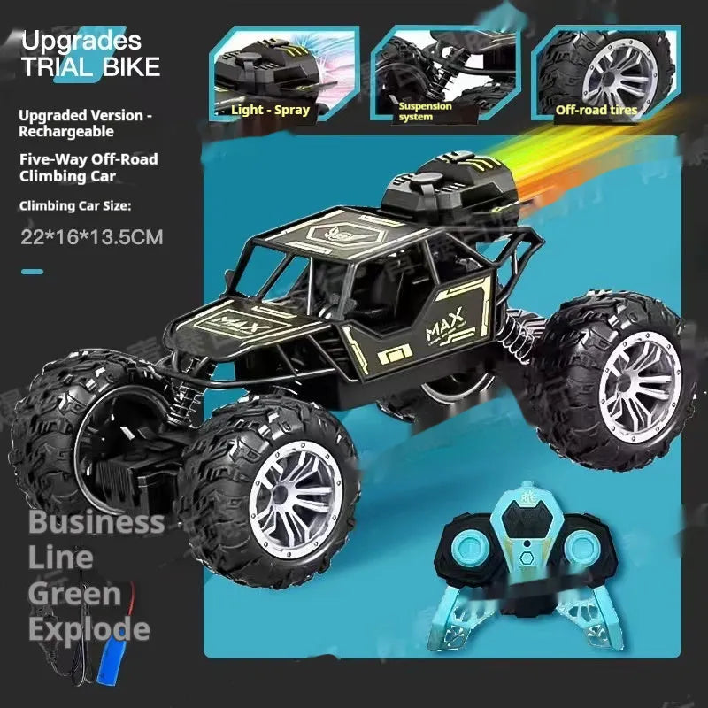 Children's four-way remote control alloy off-road climbing car in camouflage yellow on a grassy outdoor track