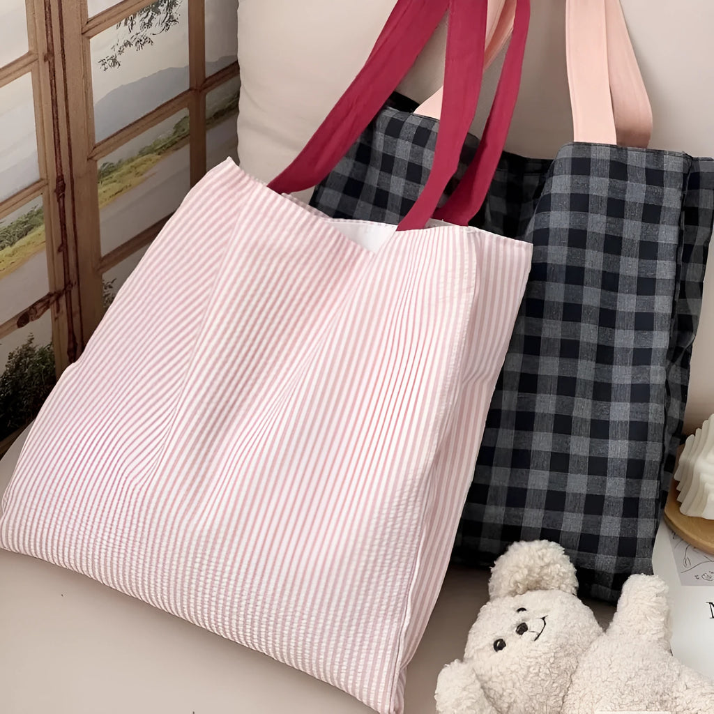 Canvas tote shoulder bag in plaid or striped pattern with 24cm strap