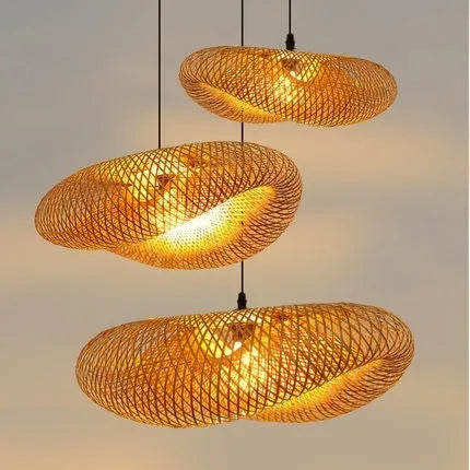 Bamboo straw hat shaped hanging pendant lamp with woven texture on a ceiling.