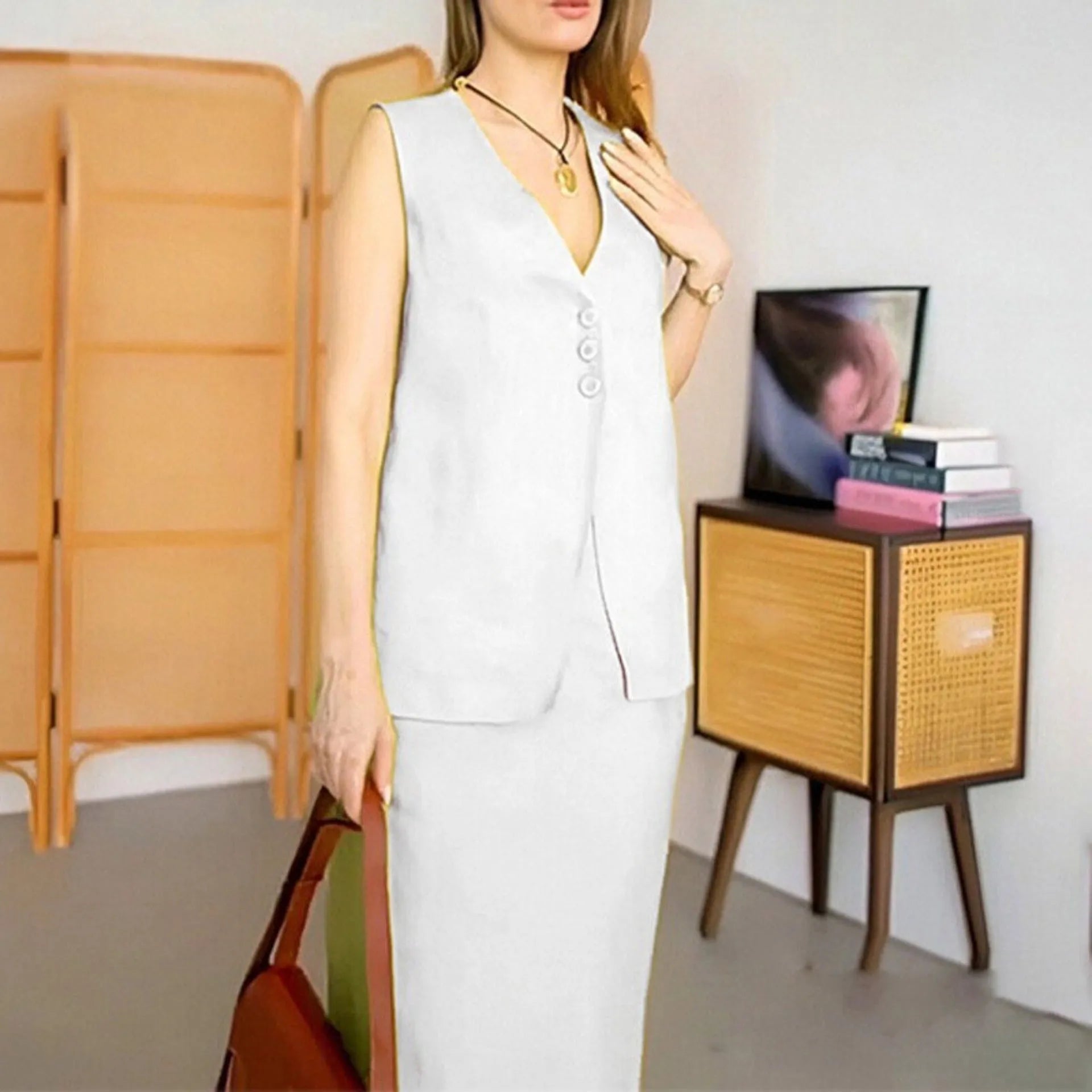 Women's sleeveless vest and long skirt two-piece casual suit in polyester available in three colours