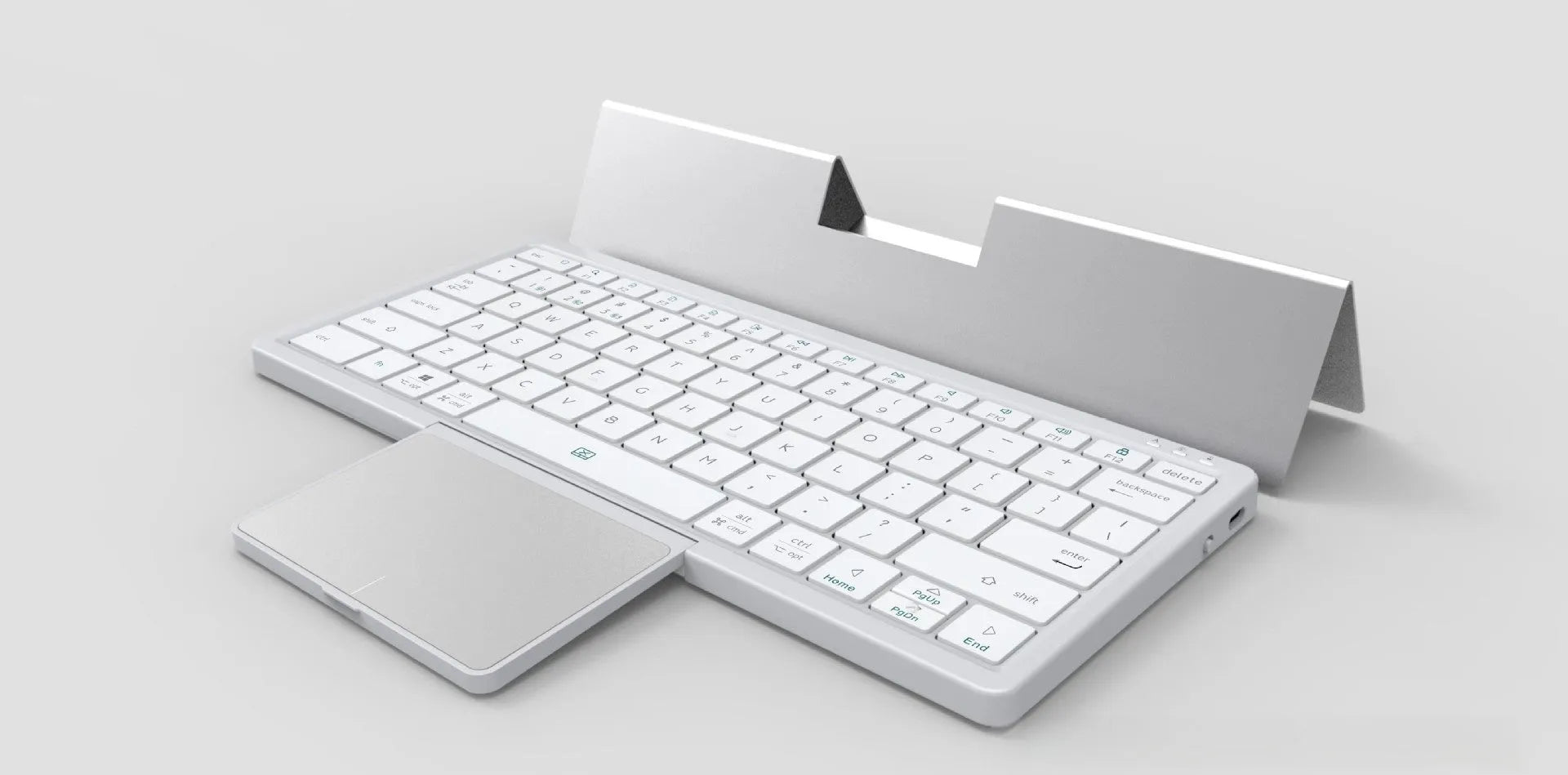 Black and grey wireless Bluetooth keyboard with touch pad next to its leather sheath stand for a tablet.