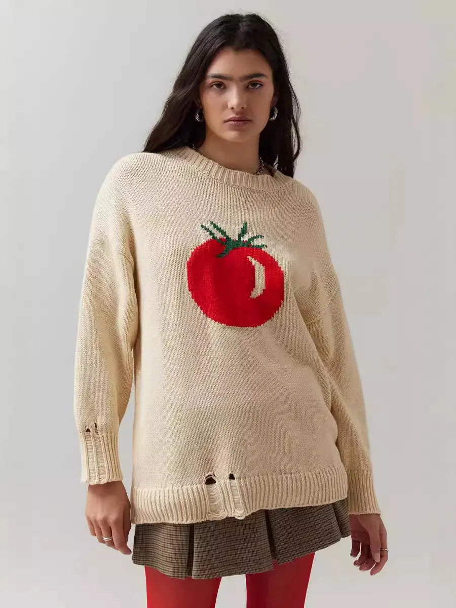 Women's milky white loose-fitting acrylic pullover sweater with round neck and Jacquard knit texture