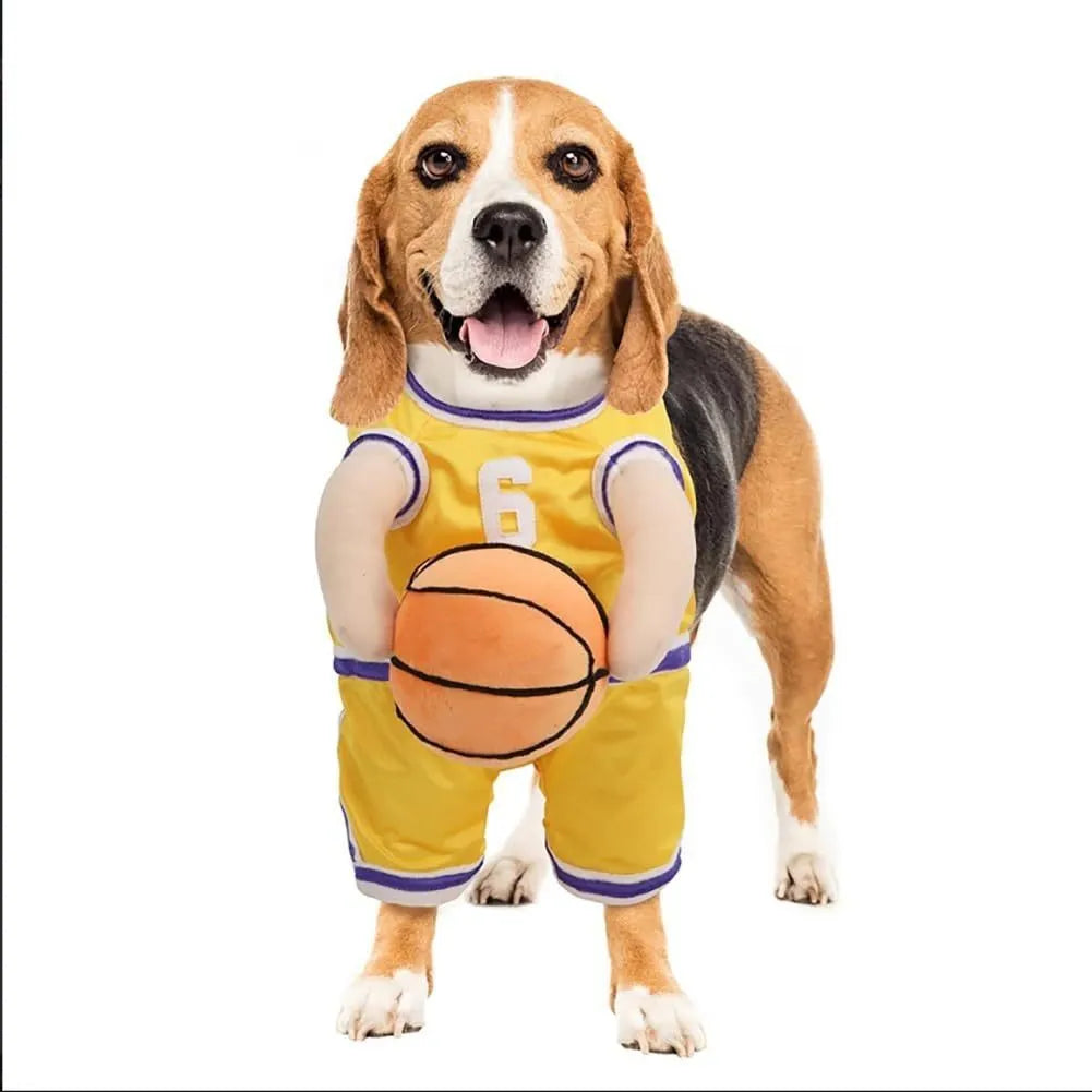 Red or yellow basketball jersey costume for a dog, shown with a matching basketball accessory.