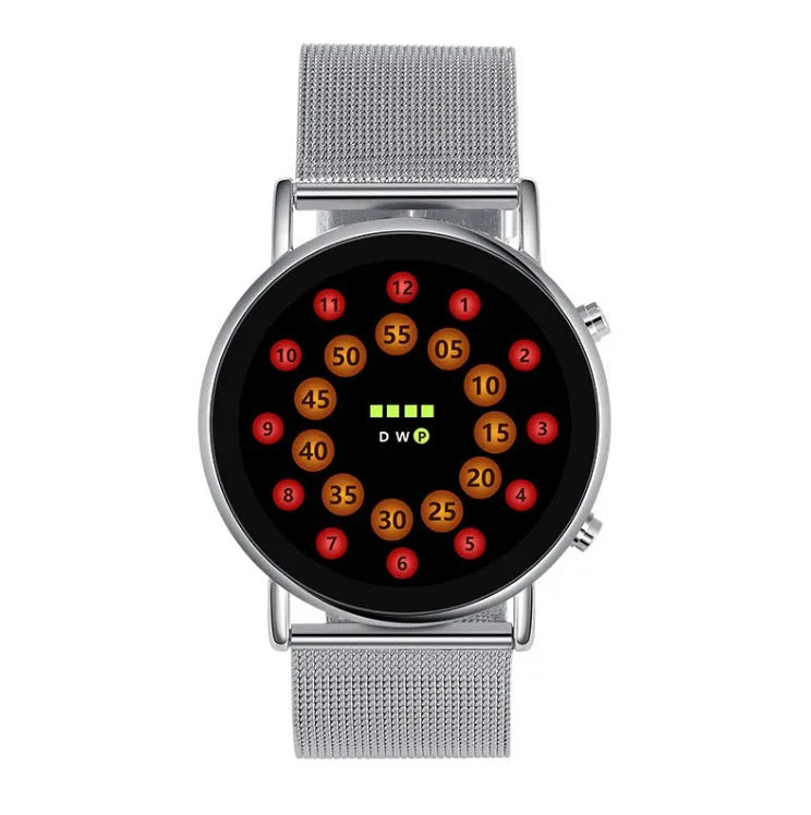 Black and silver alloy LED watch with blue lamp display on a steel mesh strap.