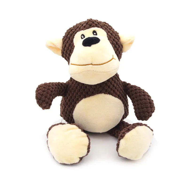 Plush dog chew toys in animal shapes with squeaker for teeth cleaning and interactive play