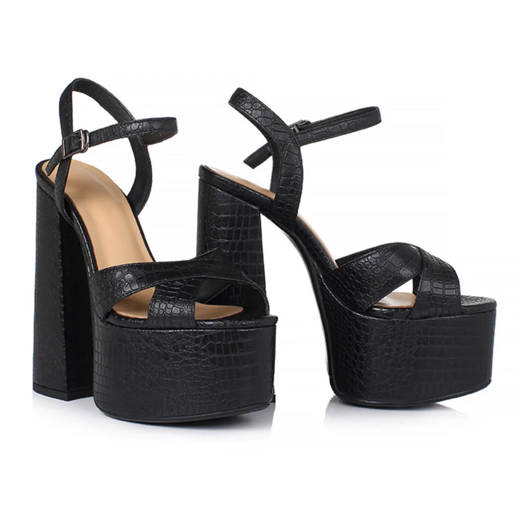 Women's black crocodile pattern chunky heel platform sandals with buckle fastening and round toe