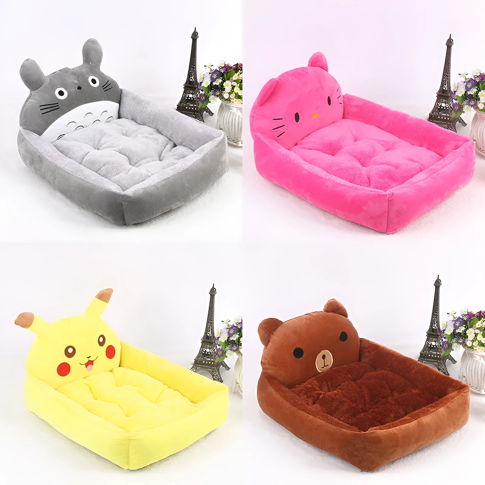 Blue sofa-style washable pet bed for a small dog on a wooden floor