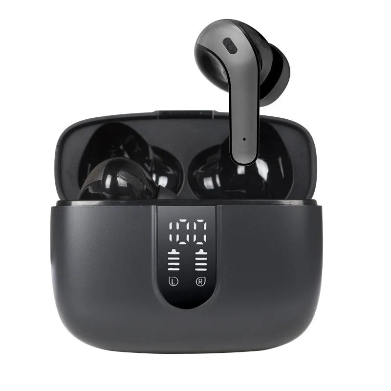 Jerry X08 wireless in-ear headphones with digital display and USB charging case in black, grey, or white.