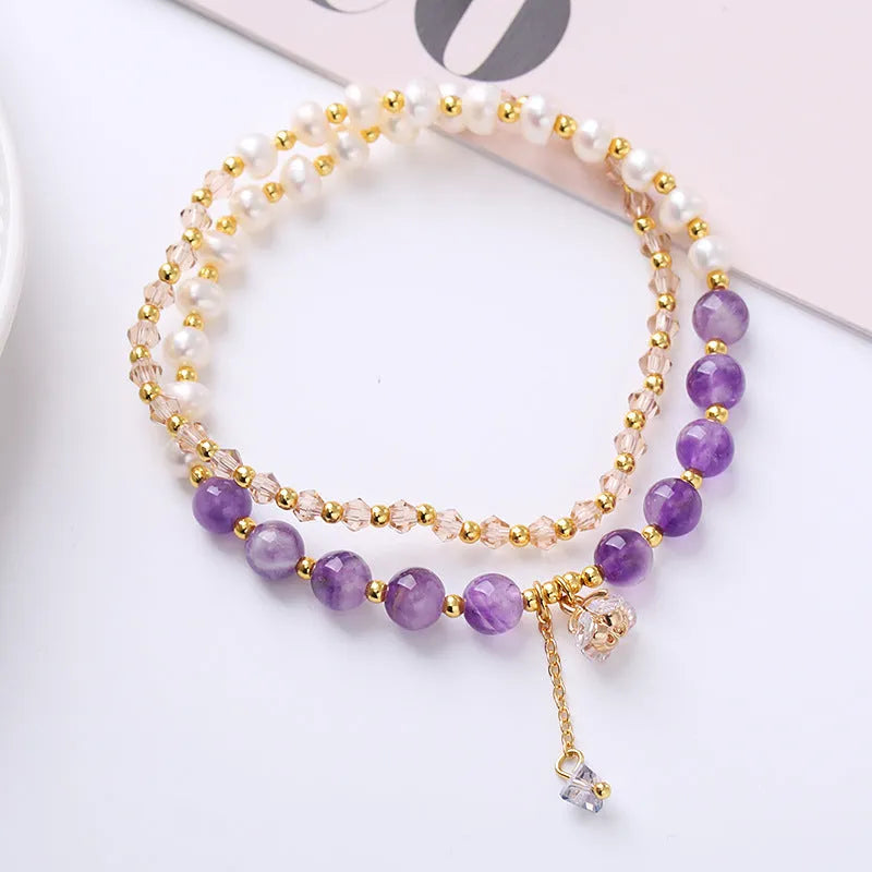 Natural freshwater pearl double-ring bracelet with crystal stones in strawberry quartz colour