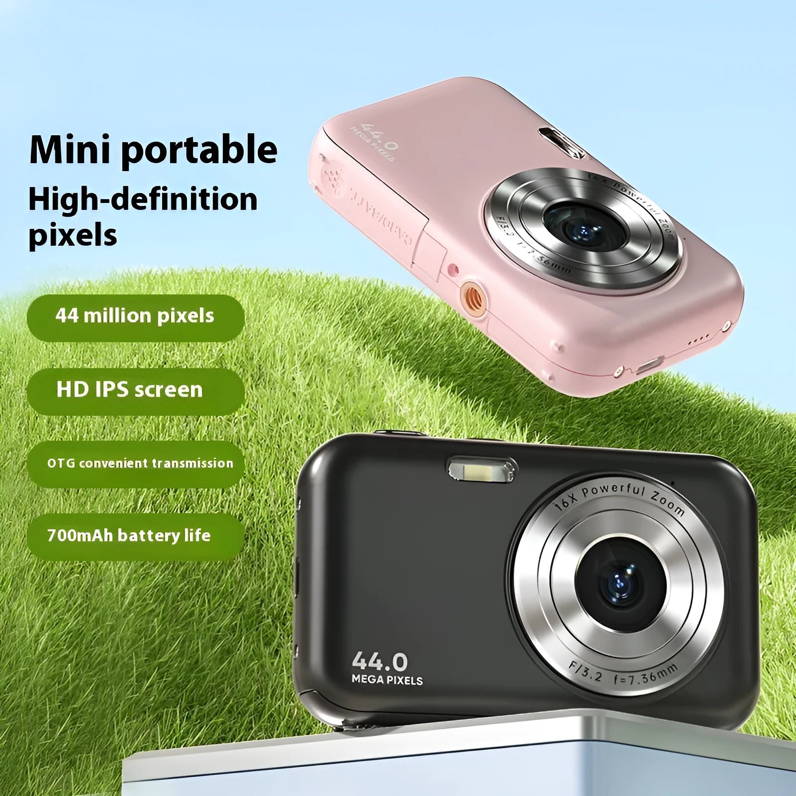 Children's digital camera in black, green, pink, or purple with 2.4-inch screen