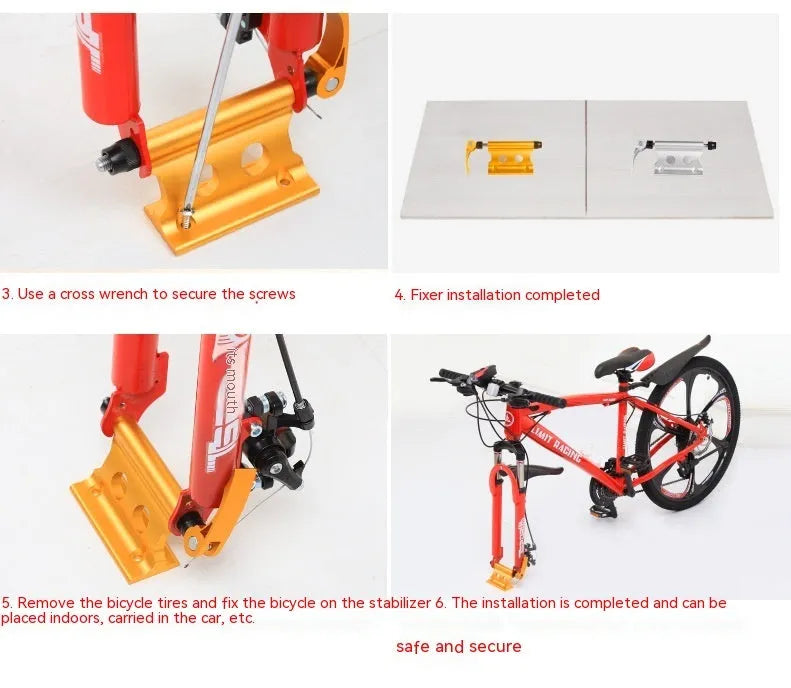 Silver metal quick-release clamp for securing a bicycle front fork during transport.