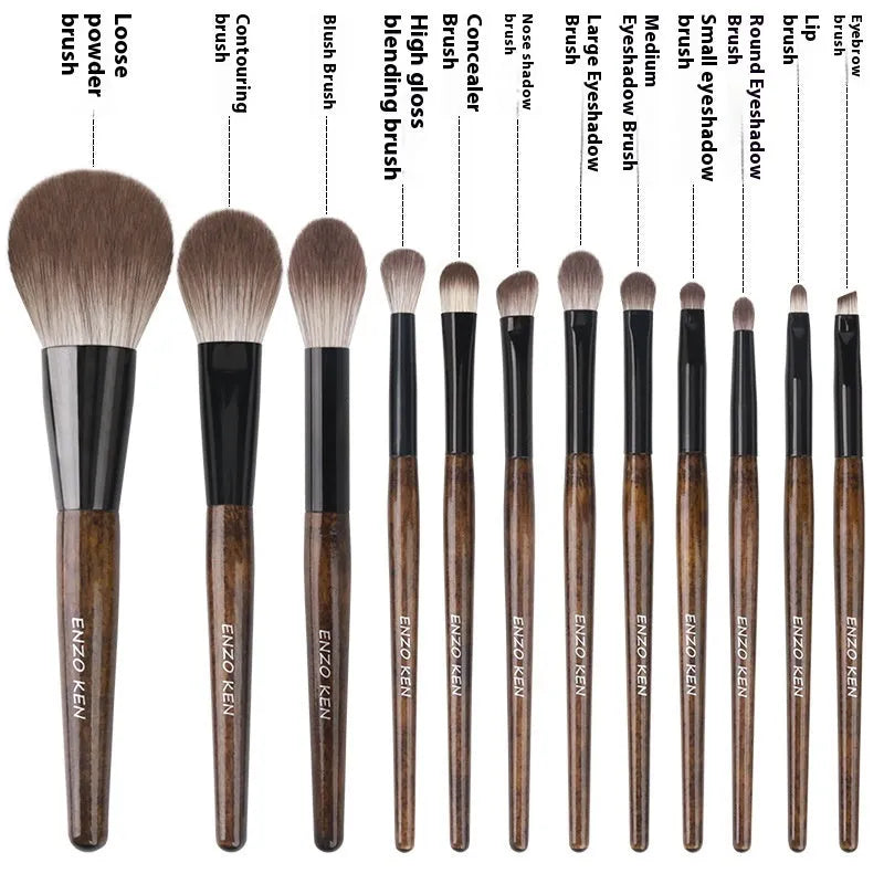 12-piece makeup brush set with wooden handles and a black PU storage pouch.