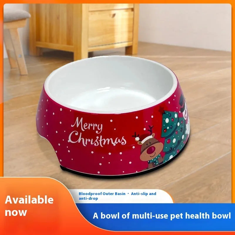 Red Christmas-themed double layer pet bowl with stainless steel interior and melamine exterior