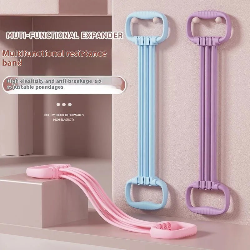 Blue adjustable 6-gear chest expander with open shoulder design and TPE tensile rope