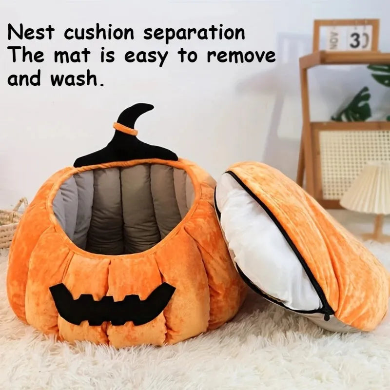 Halloween pumpkin devil design plush cat bed for cats and small dogs in orange colour
