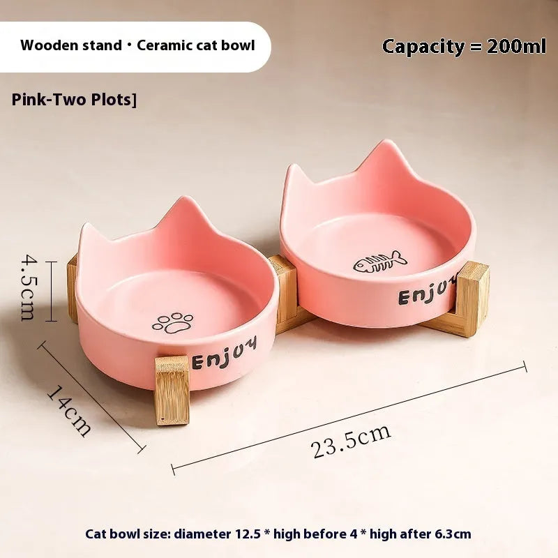 Porcelain cat bowls with wooden frame in cat ear paw design