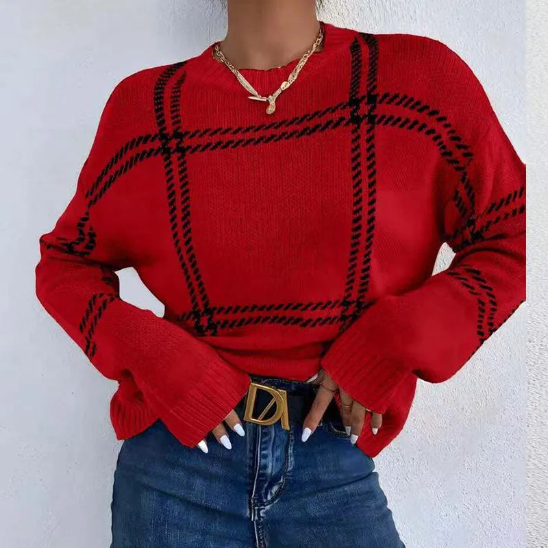 Women's casual plaid colour-block crew neck sweater in acrylic fabric with regular sleeves