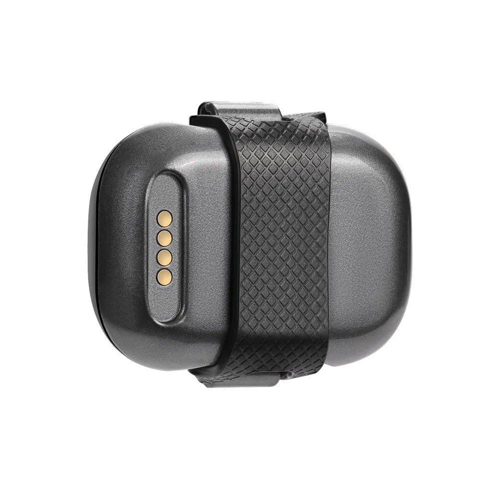 Black pet GPS tracker device with hanging rope for collar attachment