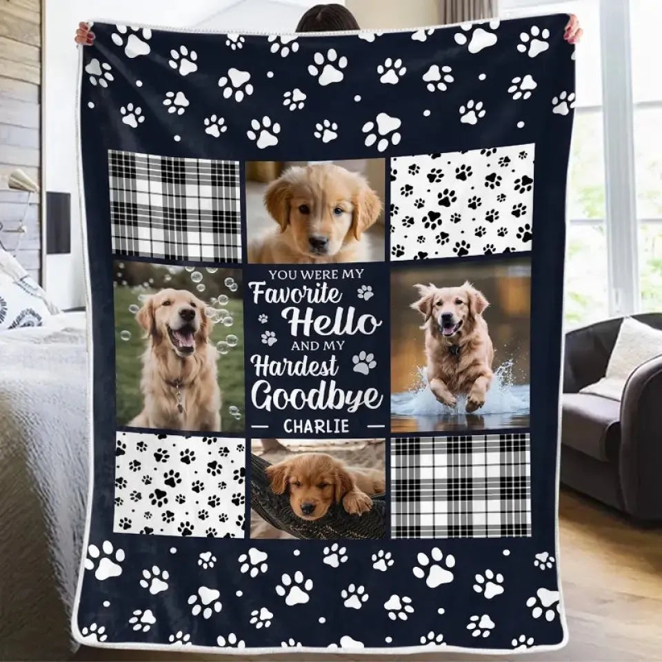 White polyester flannel dog blanket laid flat, showing soft texture and available size options.